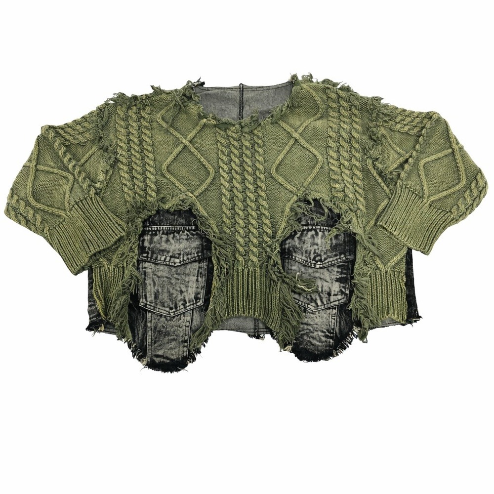 Distressed Cable Knit Cropped Sweater Olive Green Deconstructed Avant Garde - Picture 2 of 5